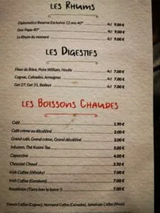 La carte des boissons chaudes et des digestifs