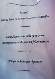 Menu à 28 euros du cheval blanc des entrée, plat , dessert au Cheval Blanc à Naours