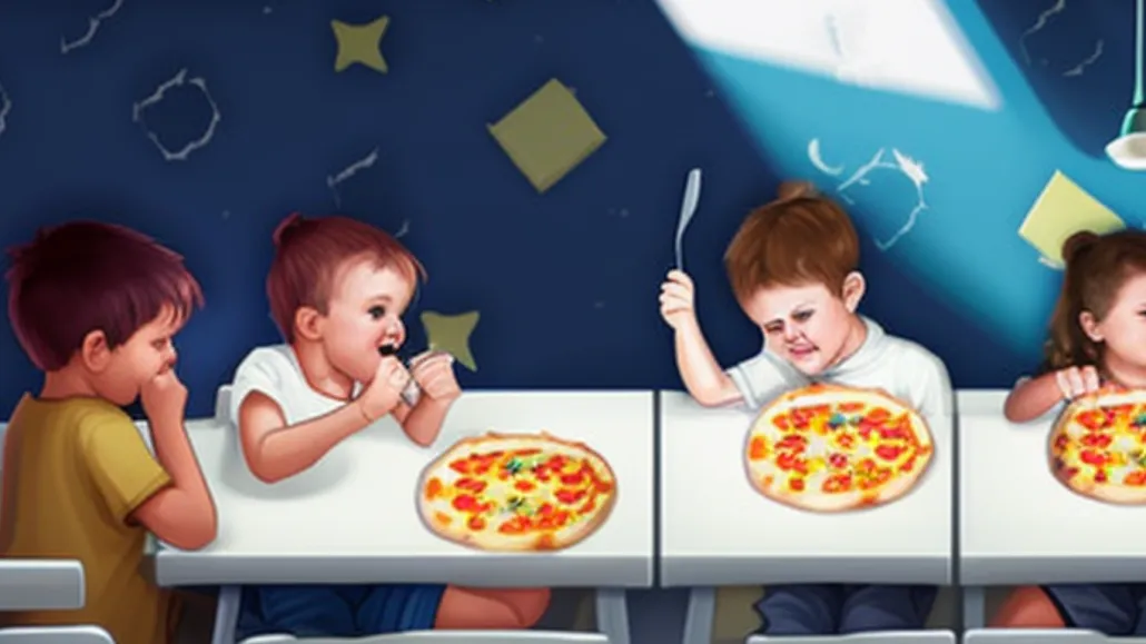 Des enfants chahutent autour des pizzas de la cantine