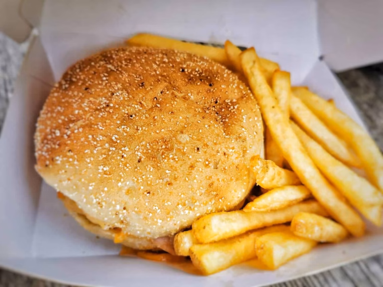 le burger et les frites dans la boite mystère au restaurant du zoo de Thoiry