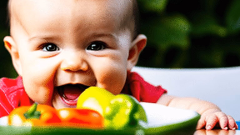 Un bébé rigole devant des légumes
