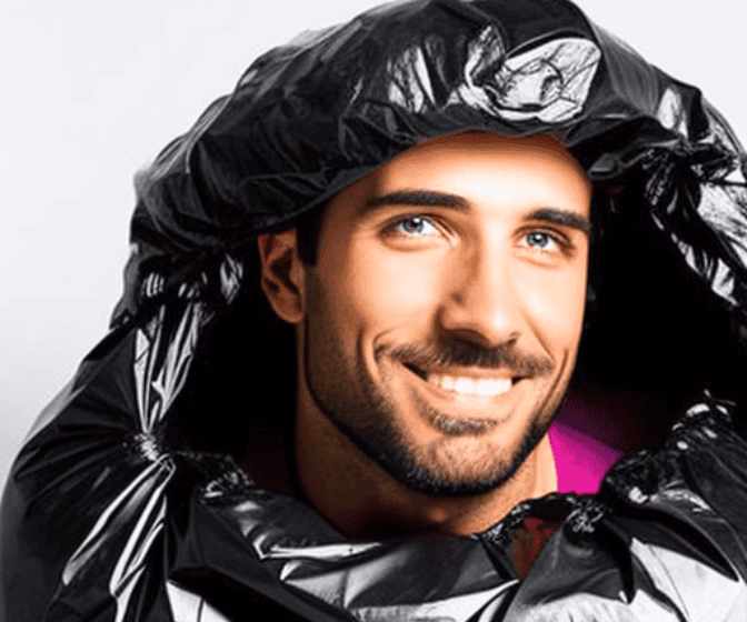 Il utilise un sac-poubelle pour se protéger de la pluie