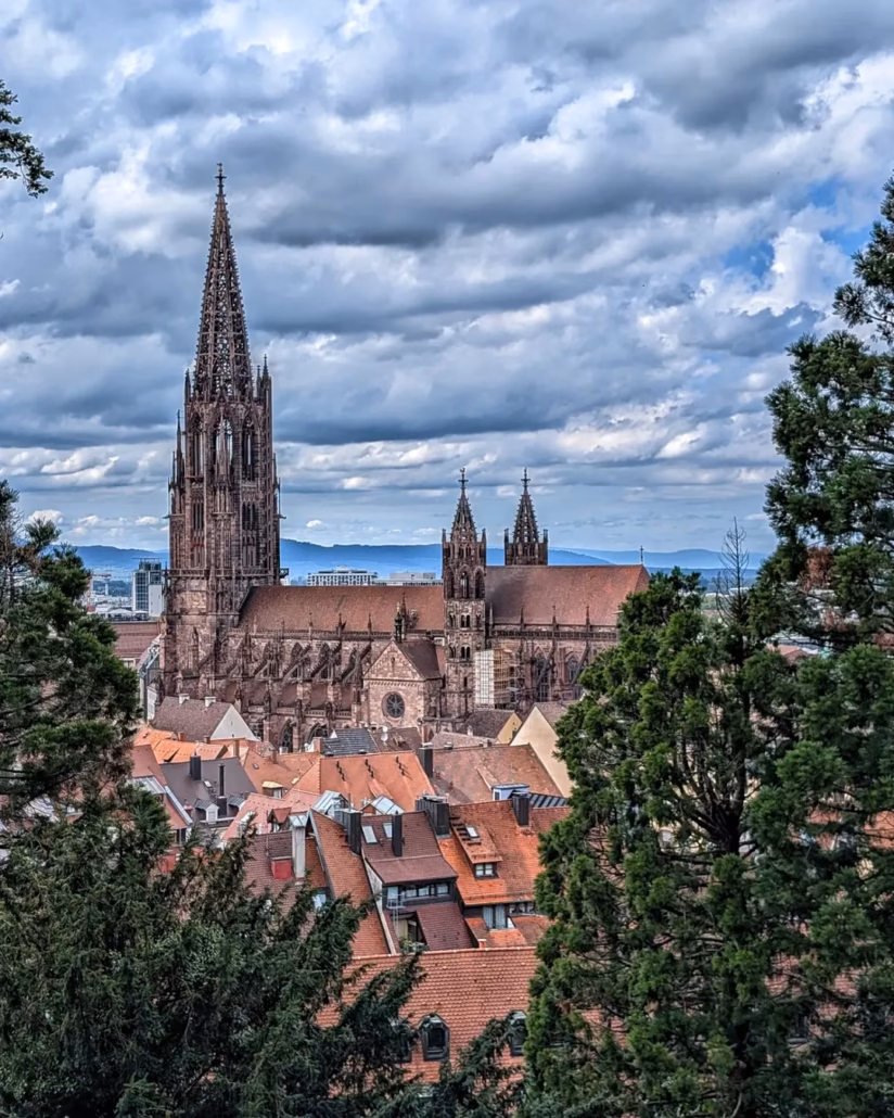 Cathédrale entourée de maisons colorées.