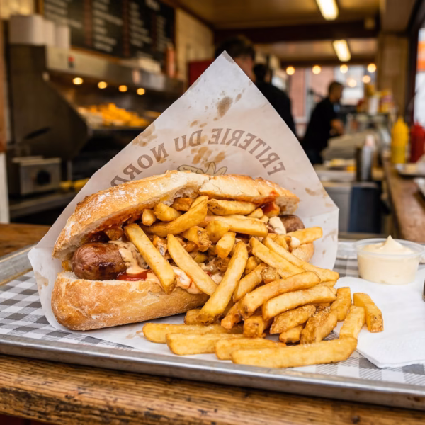 L'américain un sandwich avec des frites.