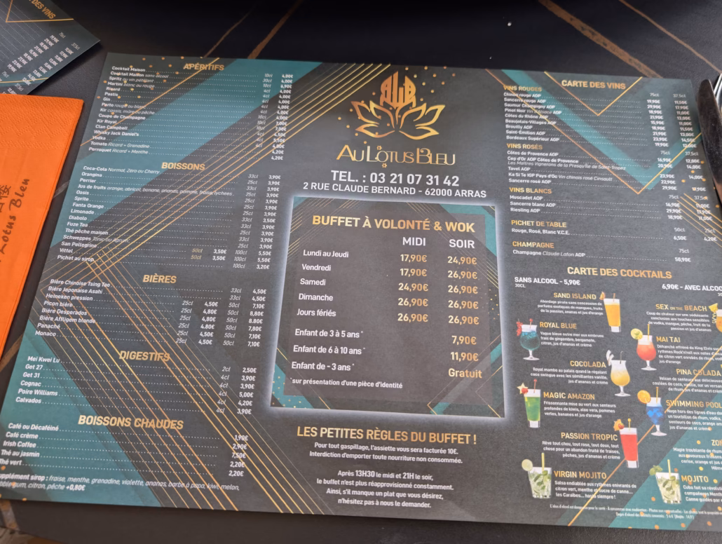 Menu d'un restaurant asiatique.