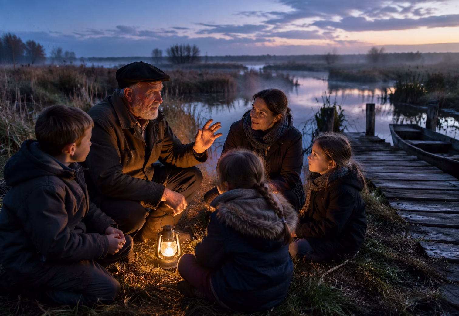 Famille racontant la légende au bord du marais au crépuscule