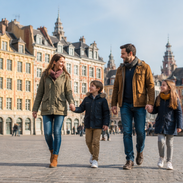 A La Découverte Du Nord Et Bien Plus Encore 2 Famille se promenant sur la place.