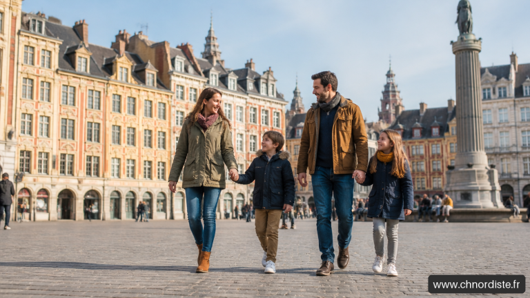 Famille se promenant sur la place.
