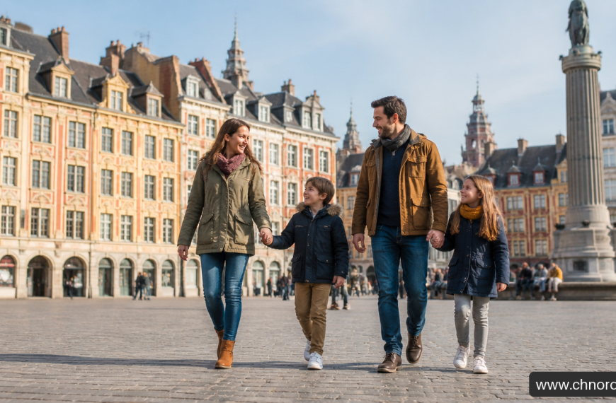Visiter Les Hauts De France, Le Nord Pas-De-Calais Picardie 2 Famille se promenant sur la place.