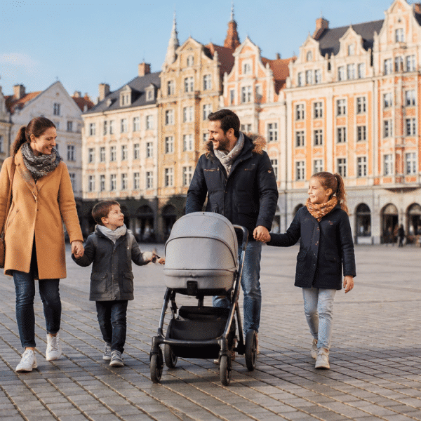 Famille se promenant sur la grand place de Lille