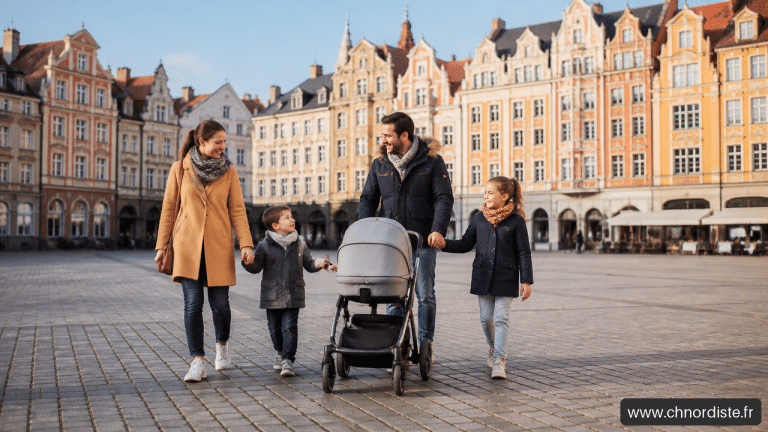 Famille se promenant sur la grand place de Lille