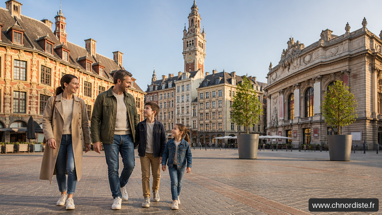 Famille marchant dans une ville historique.